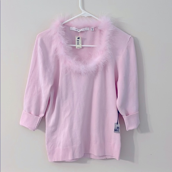 MAX STUDIO Pink Silk Fur Boa Neckline Sweater Size XL NWT - Picture 1 of 7